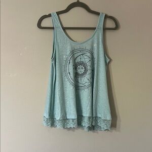 Awake Light Blue Graphic Tank Top with Lace Trim